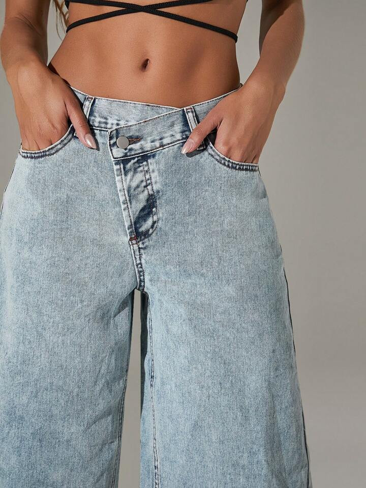 Denimoi Front Button Pocket Simple Design Denim Pants, Casual Everyday Wear | SHEIN