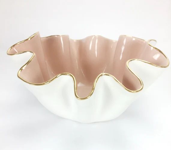 Ready to Ship Medium size wavy shaped handmade ceramic bowl with 22K gold luster edges, wedding Gift | Etsy (US)