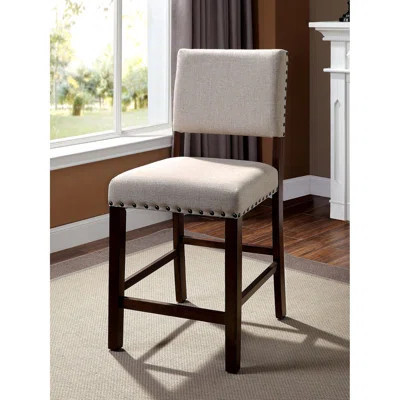 Of 2 Industrial Counter Height Dining Chairs, Brown Cherry Solid Wood, Upholstered Fabric With Relaxing Padded Linen Cushion And Gorgeous Nailhead Tri | Wayfair North America