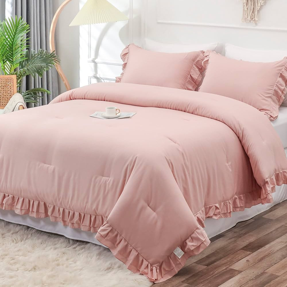 YOZEN Blush Pink Double Ruffle Comforter Set King Size (104x90 Inch), 3 Pcs Farmhouse Vintage Com... | Amazon (US)