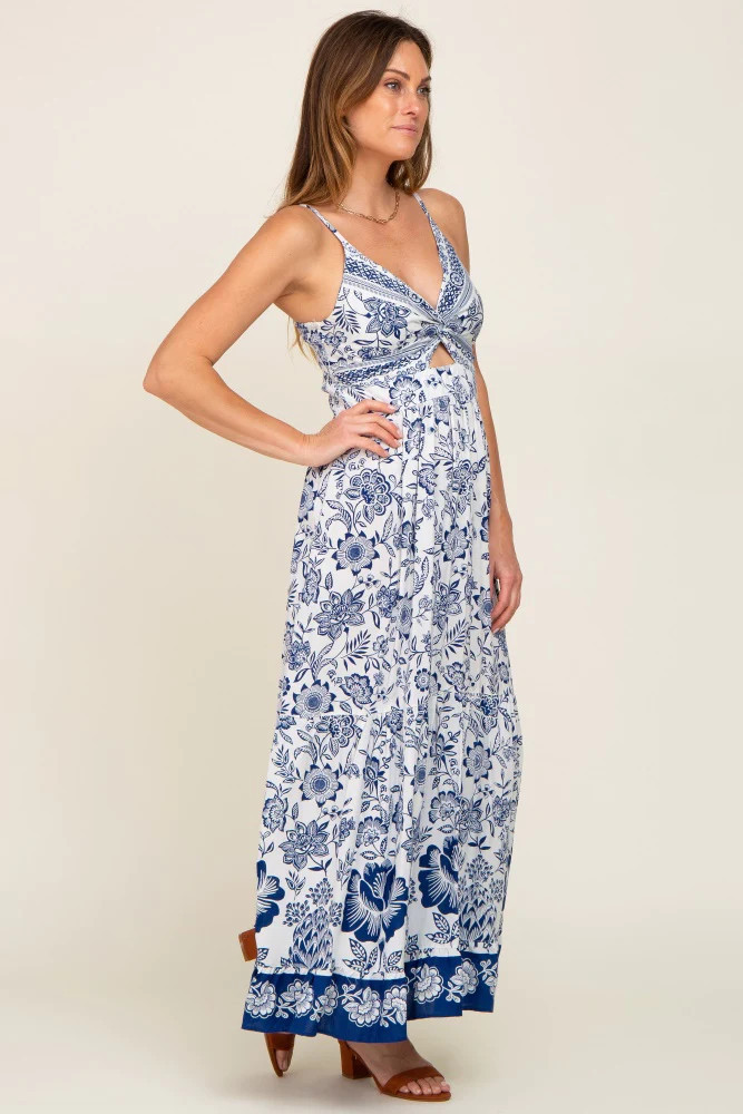 Navy Blue Floral Front Twist Maxi Dress | PinkBlush Maternity