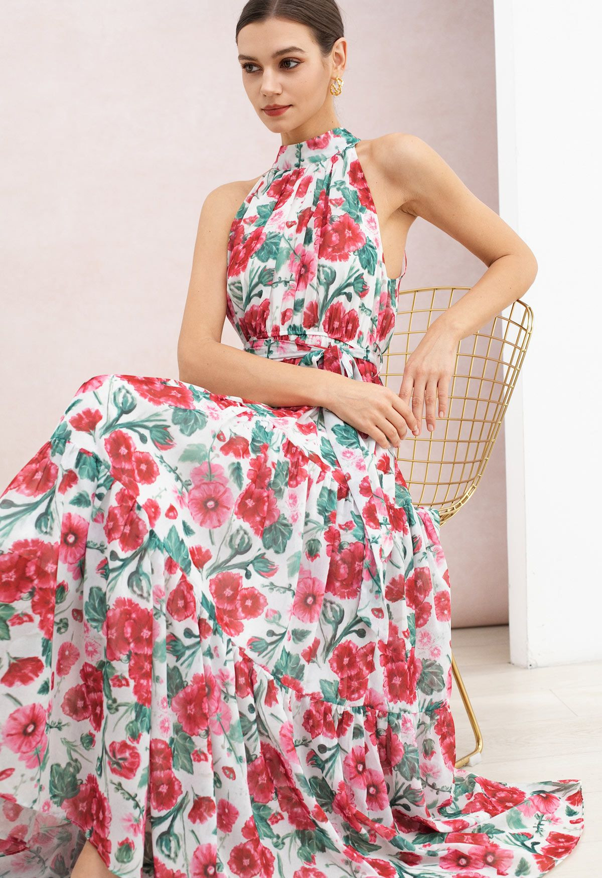 Red Watercolor Floral Tie-Bow Halter Chiffon Maxi Dress for Bridal Shower & Dinner Parties | Chicwish