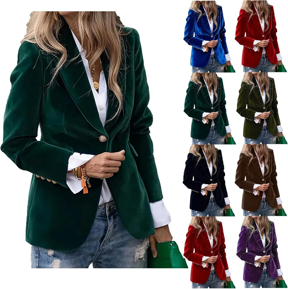 Canbebig Womens Velvet Blazer Vintage Velvet Suit Jacket Slim Fit Button Blazers V-Neck Work Offi... | Amazon (US)