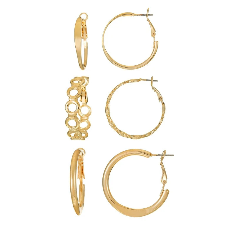 Time and Tru Gold Tone Hoop Earring Set, Earrings, 1.25", 3 Per Pack | Walmart (US)