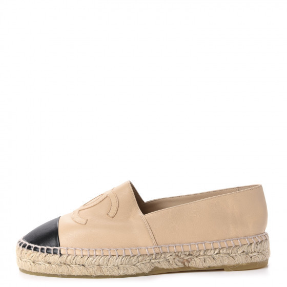 CHANEL Lambskin CC Espadrilles 37 Beige Black | Fashionphile