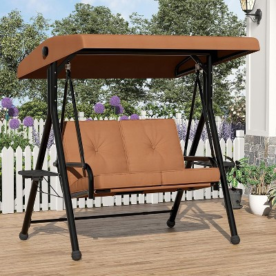 2-Seat Outdoor Patio Swing with Canopy, 2-in-1, Thickened Removable Cushions & Cup Holders, for Backyard, Porch, Garden (Brown) | Target