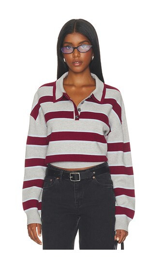 Vera Double Johnny Collar Rugby Stripe Pullover Sweater in Grey Pearl Combo | Revolve Clothing (Global)