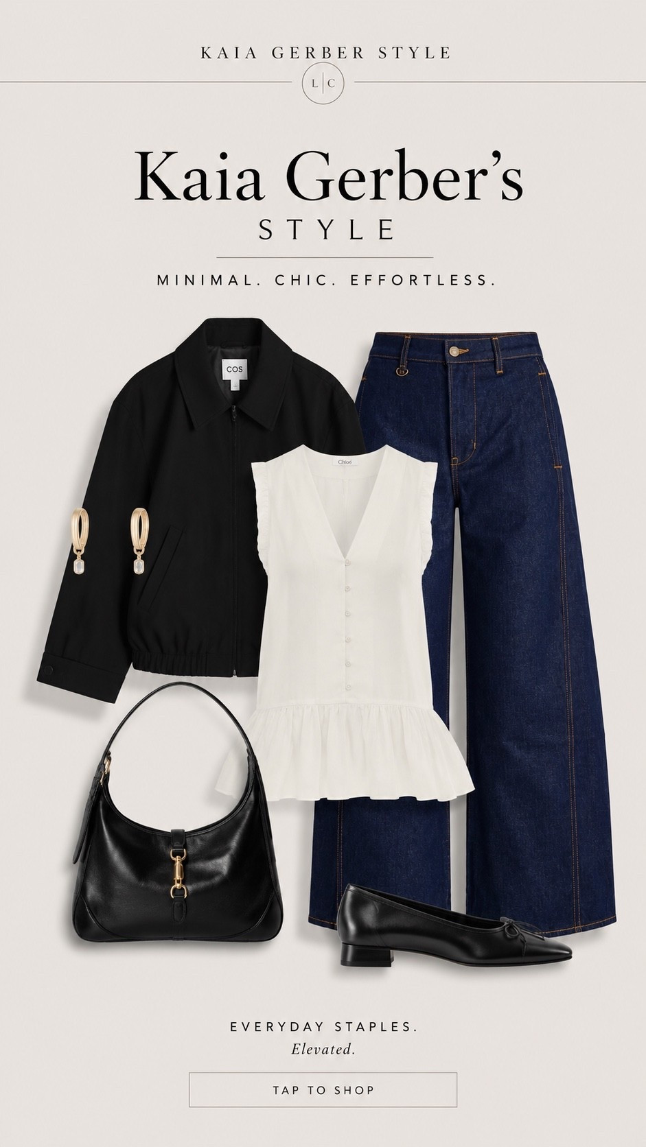 Kaia Gerber’s latest New York outfit is the definition of effortless quiet luxury. She styled a collared black jacket over a romantic bohemian lace top with deep indigo low rise jeans, heeled ballerina flats, and her signature Gucci Jackie 1961 bag for a downtown NYC event at McNally Jackson Seaport.

It’s the exact polished off duty formula Kaia repeats constantly: tailored outerwear, soft feminine layers, dark wash denim, and timeless designer accessories that never feel overly trend driven.

Linking the best pieces inspired by her look including black jackets, lace tops, wide leg jeans, ballet heels, and Gucci Jackie style bags.