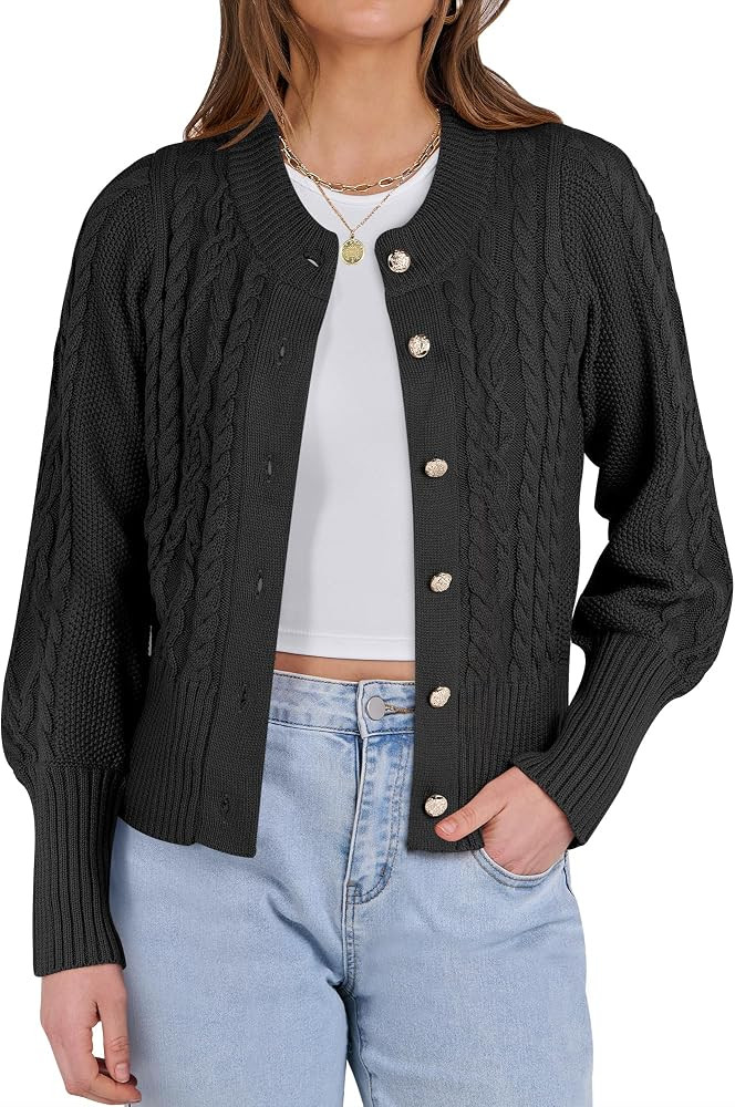 ANRABESS Women Long Sleeve Cable Knit Button Down Open Front Cropped Cardigan Sweater Coat Cute S... | Amazon (US)