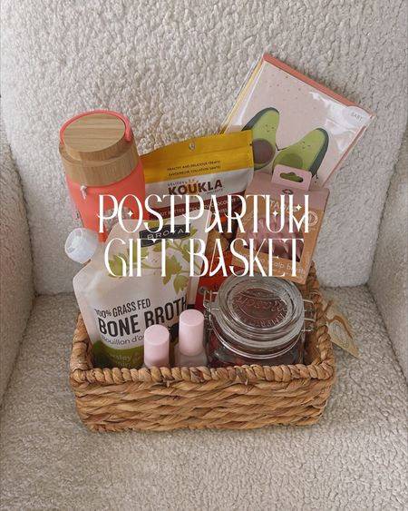 Postpartum gift basket ideas: glass water bottle, self care, skin care, bone broth healthy snacks 

#LTKbaby