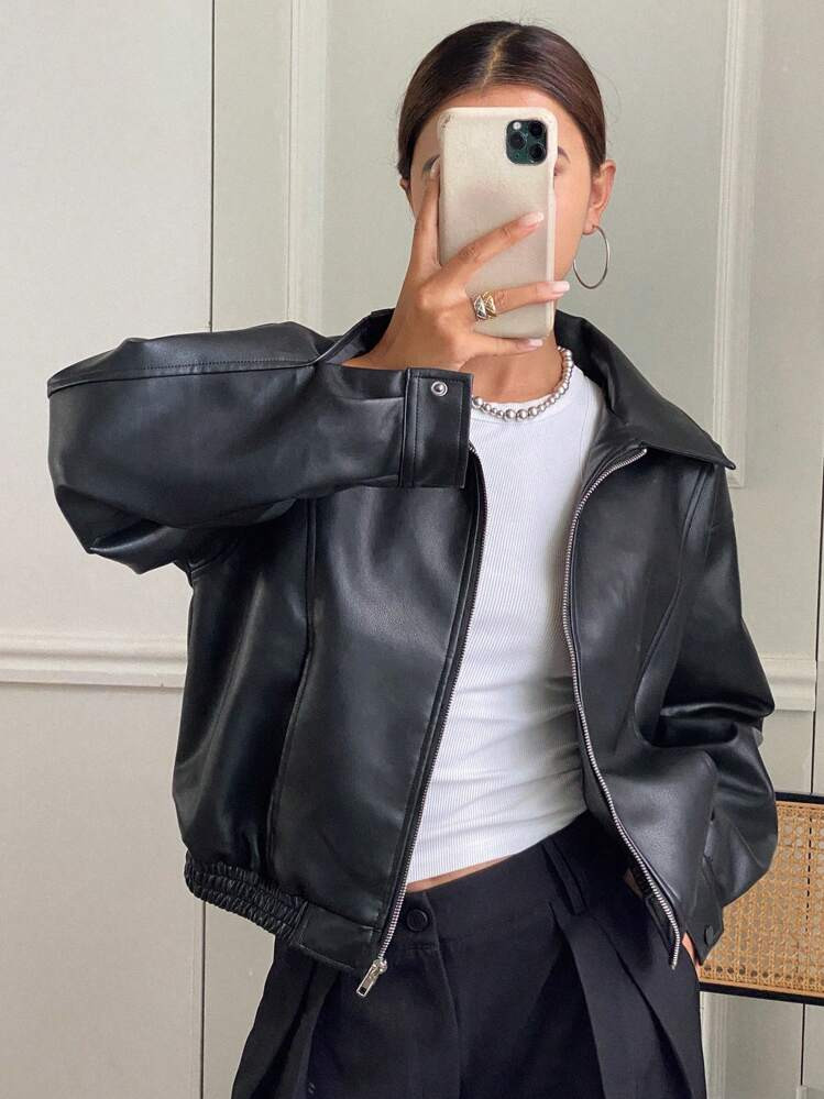 Livesso Solid Color Loose Fit Long Sleeve Lapel PU Jacket For Women,Fall Clothes | SHEIN