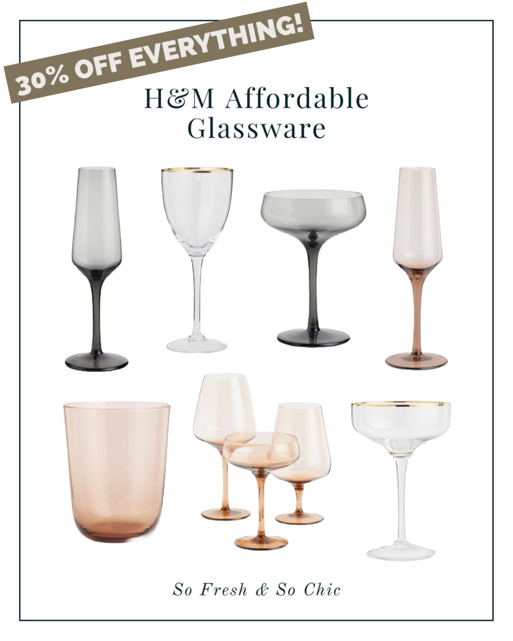 Affordable drink ware sale!
-
H&M sale - holiday dinner party table setting - champagne flute - champagne coupe - gold rimmed glassware - smoky black glass - smoky brown glass - wine glasses -  bff gifts - gifts for her 

#LTKSeasonal #LTKCyberweek #LTKhome