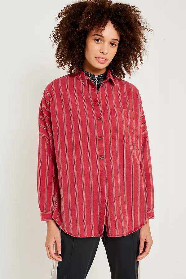 UO Burgundy Striped Button-Down Shirt | Urban Outfitters EU