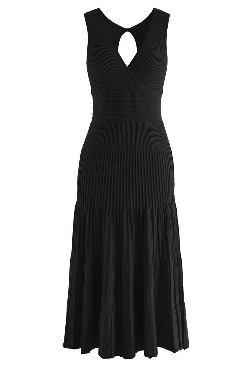 Cut Out Back Faux-Wrap Sleeveless Knitted Midi Dress in Black | Chicwish