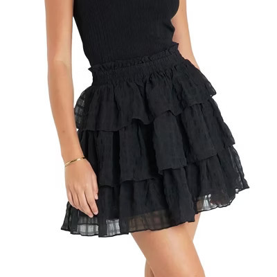 Women's Elastic Waist Tiered Ruffle Mini Skirt Flowy Casual Party Skirt,L,Black | Target