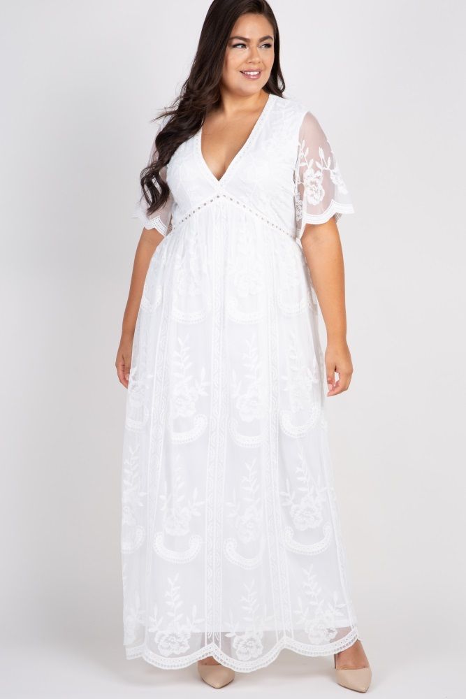 PinkBlush White Lace Mesh Overlay Plus Maxi Dress | PinkBlush Maternity