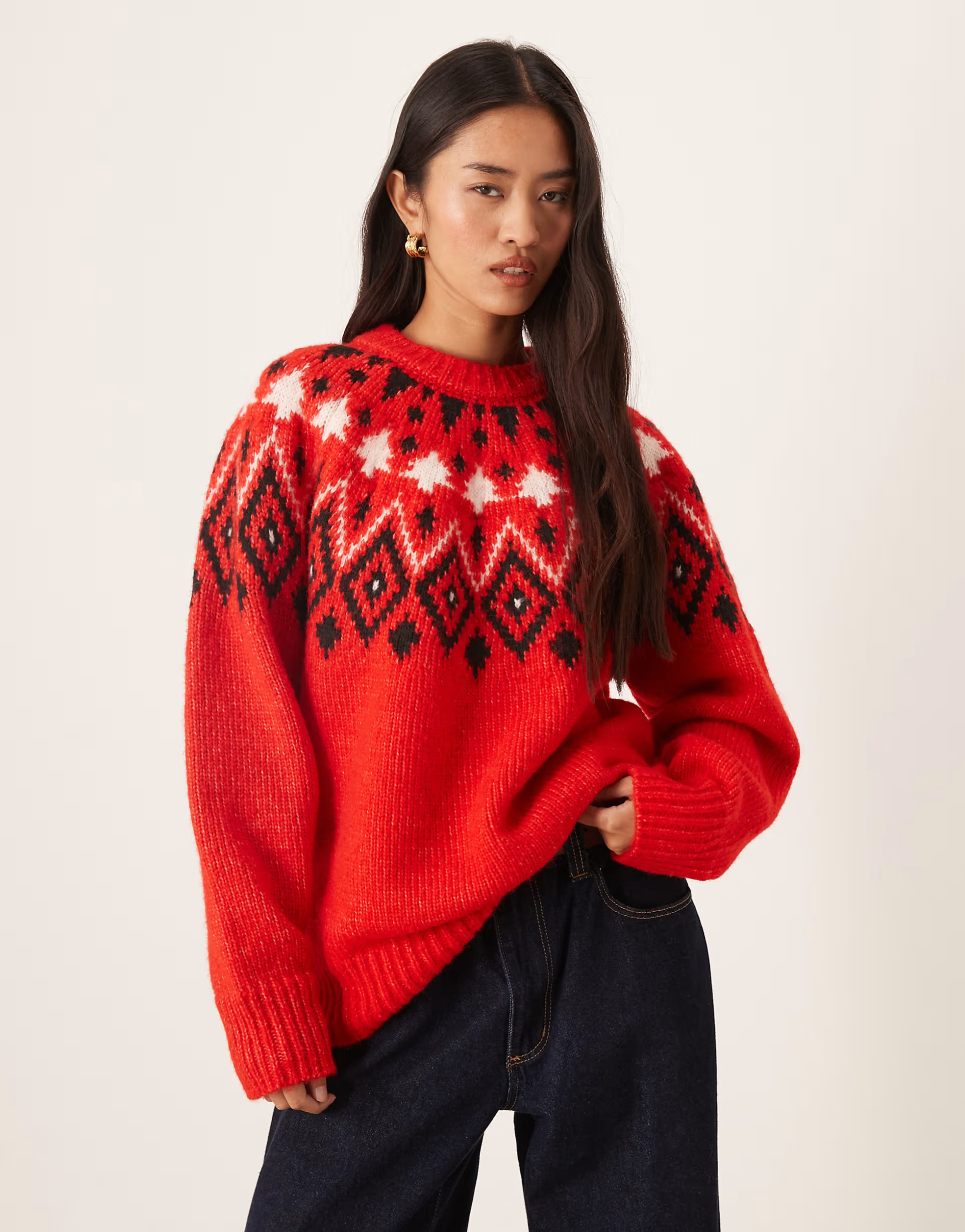 ASOS DESIGN Fairisle Christmas tree chunky sweater in red | ASOS (Global)