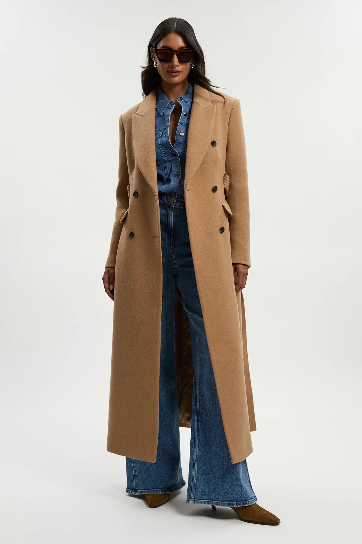 Petite Wool Double Breasted Belted Tailored Maxi Coat | Karen Millen UK + IE + DE + NL
