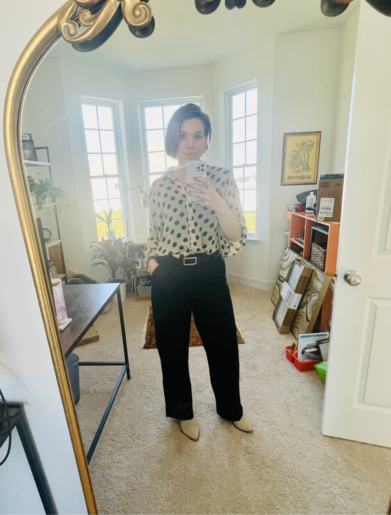 Office look midsize outfit polka dot blouse black pants old navy target sprint fashion

#LTKSeasonal #LTKcurves #LTKsalealert