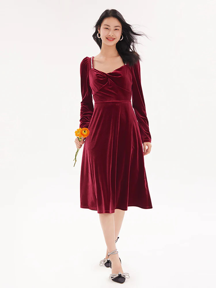 Red Velvet Twisted Midi Dress | GOELIA