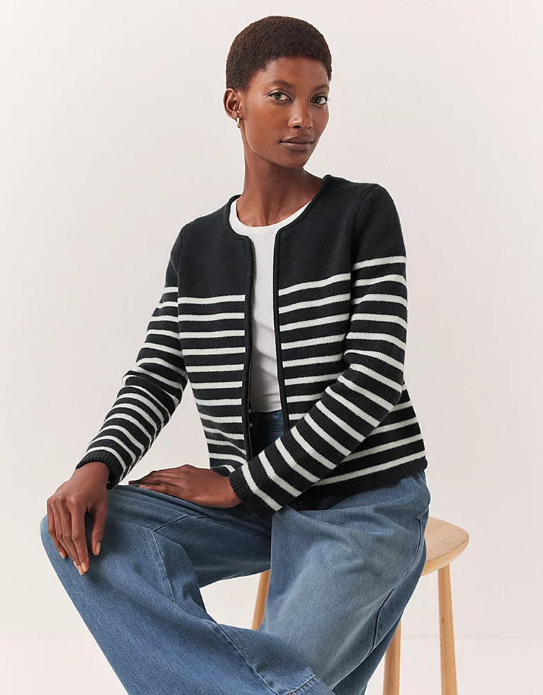 Short Stripe Crew Neck Knitted Jacket | The White Company (UK)
