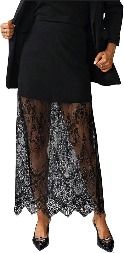 SweatyRocks Women's Lace Patchwork Long Skirts High Waisted Going Out Bodycon Skirt | Amazon (US)