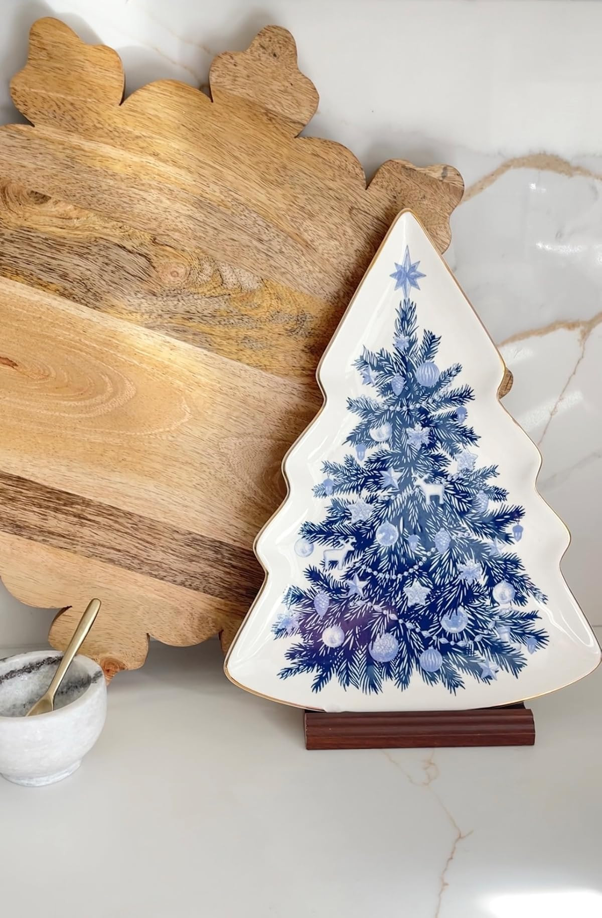 Two's Company Blue and White Christmas Tree Shaped Dish - Decorative Ceramic Serving Platter, Holiday Cookie Plate for Santa, Candy Dish | Amazon (US)