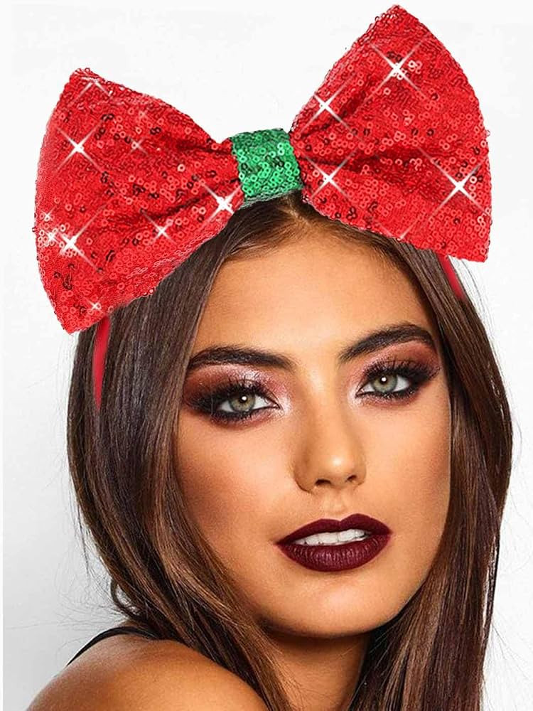 Catery Christmas Bow Headband Red Sequin Bow Headband Christmas Hair Bow Accessories for Women | Amazon (US)
