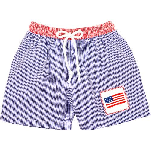 Navy And Red Gingham Smocked Flag Swim Trunks - Shipping Late June | Cecil and Lou