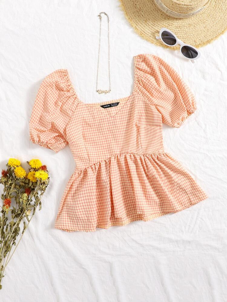 Puff Sleeve Ruffle Hem Gingham Blouse | SHEIN