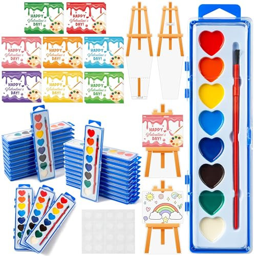 CPicdn 24Pack Valentine’s Day Gift Cards with Watercolor Paint Set, 8 Color Watercolor Paint Painting Cards Easel-Shaped Stand for Kids Valentines Gift Exchange School Classroom Prizes Art Party Favor | Amazon (US)