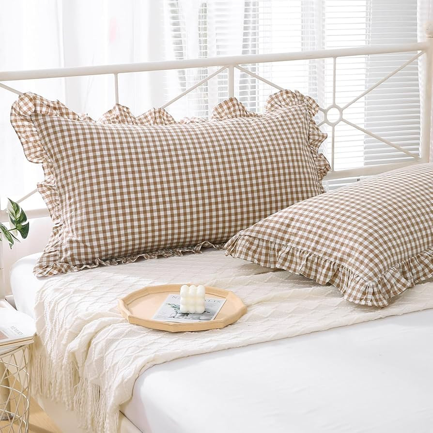 Amazon.com: K MASANIJI 2 Pack Taupe Plaid Ruffle King Size Pillow Shams 20x36 inches, Washed Cott... | Amazon (US)