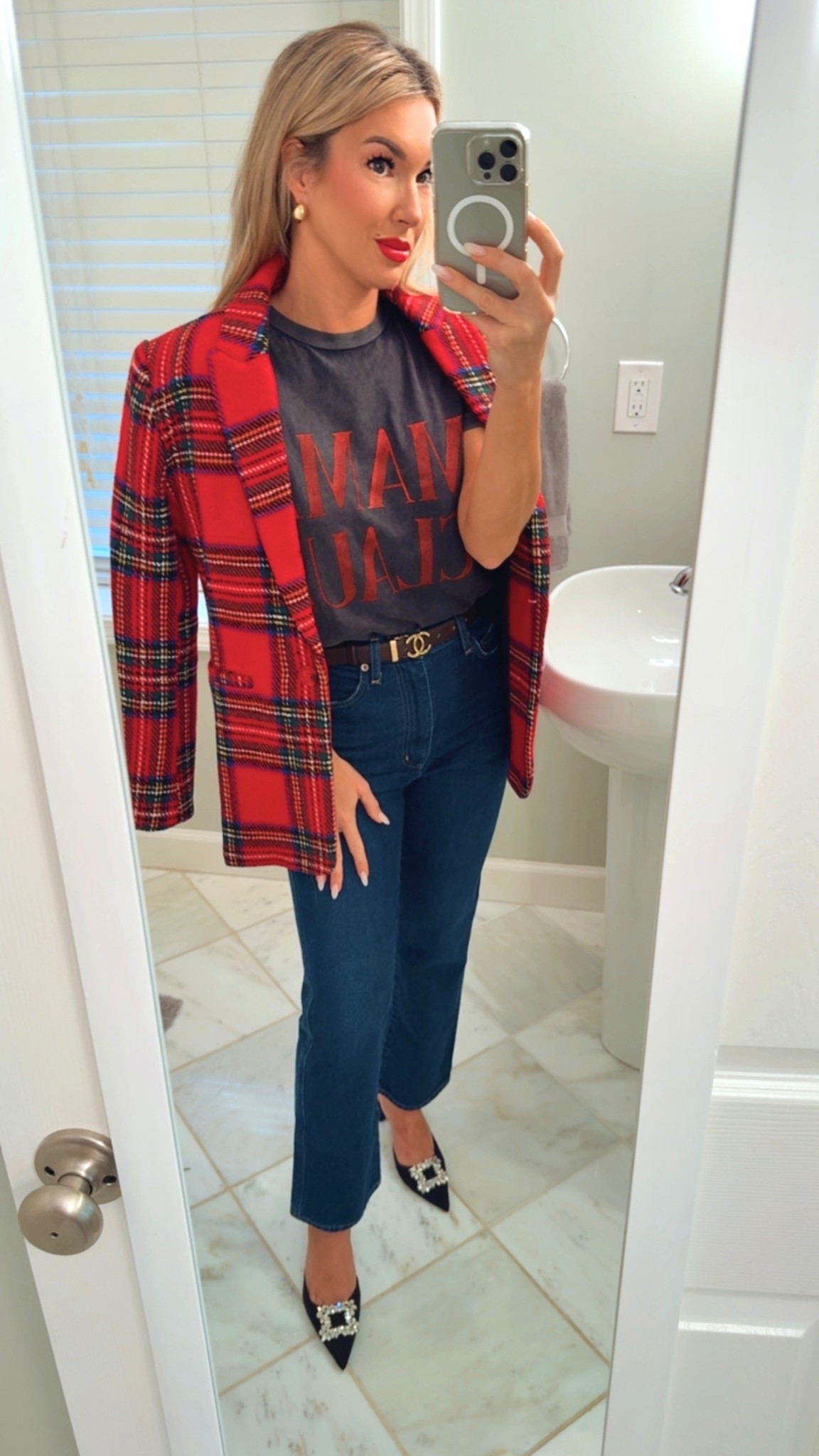 Tartan plaid blazer is so on trend for this holiday season. Wearing xsmall in this blazer. Size small in Mama Claus tee & size 6 in rhinestone statement heels. 

#TartanPlaid  #TartanPlaidBlazer #TartanPlaidLooks #HolidayLooks #CasualHolidayLooks #StatementHeels #StatementKittenHeels #HolidayKittenHeels

#LTKFindsUnder50 #LTKHoliday #LTKStyleTip
