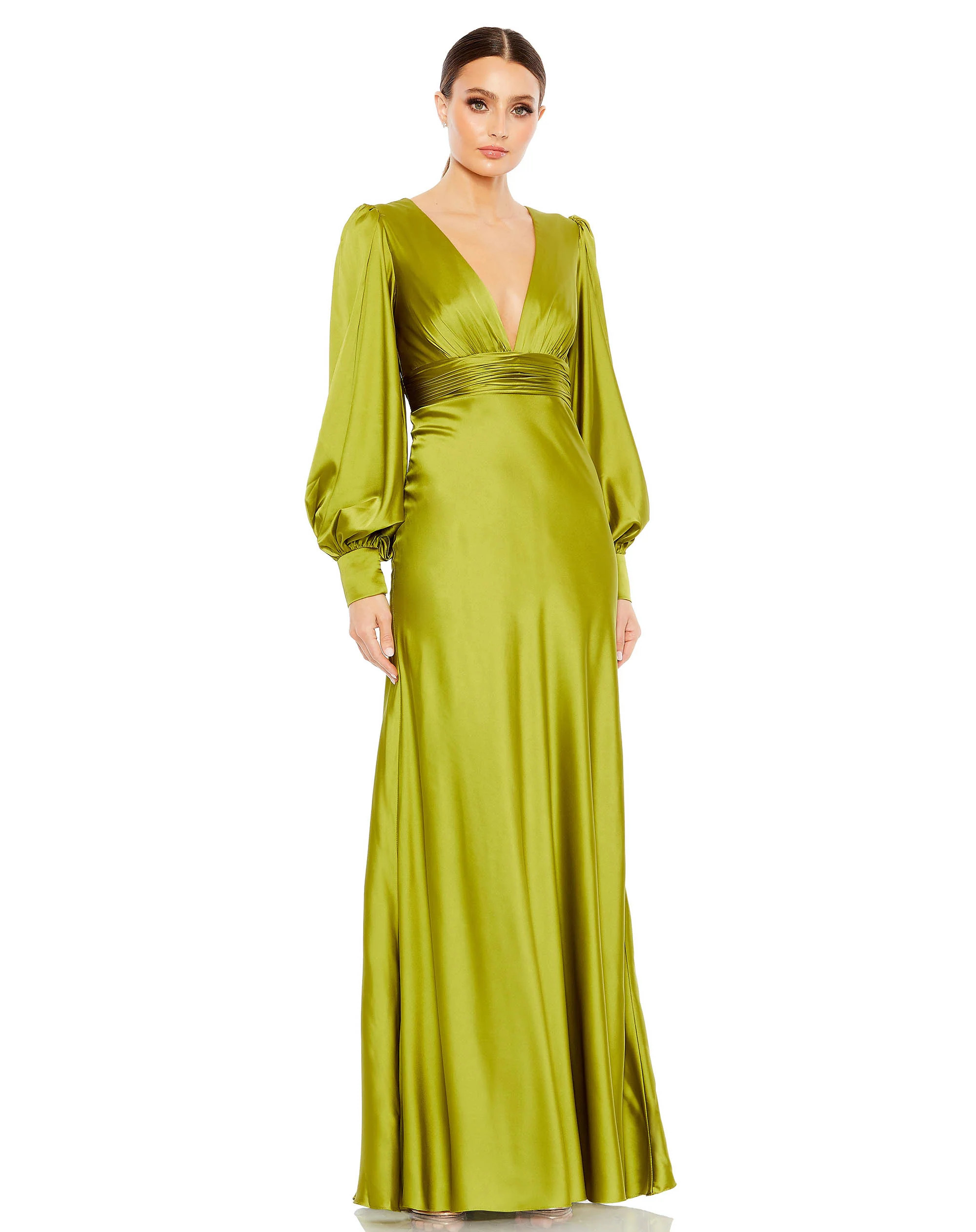 Charmeuse Bishop Sleeve V Neck Gown | Mac Duggal