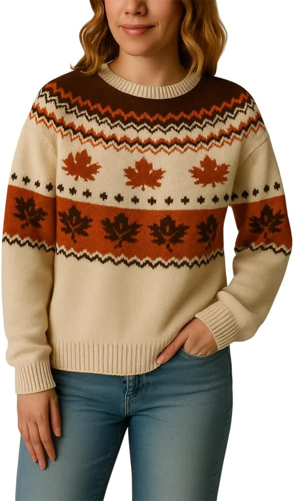 Women's Fall Maple Leaf Knit Sweater Autumn Crewneck Pullover Jumper Thanksgiving Outfit Pumpkin ... | Amazon (US)