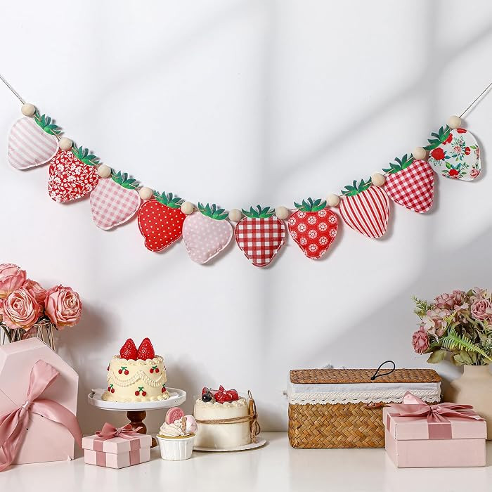 Strawberry Felt Banner Garland Decor Vintage 3D Strawberry Hanging Garland with Wooden Beads for ... | Amazon (US)