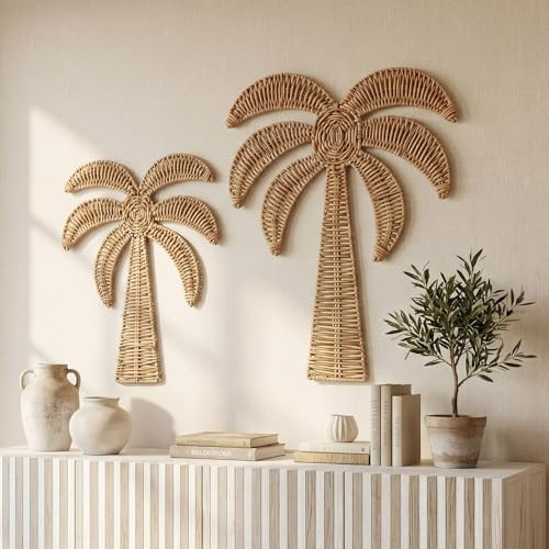 Cinnvoice 2 Pcs Summer Rattan Palm Tree Wall Decor Coastal Tropical Beach Wall Hanging Decorations for Boho Living Room Bathroom Bedroom Patio Party Decorations (19.7'' and 14'') | Amazon (US)