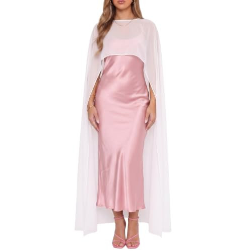 Womens Sheer Chiffon Cape Elegant Shawl for Evening Dresses, Poncho Top Capelet Cover Up for Wedding Guest Formal Party White | Amazon (US)
