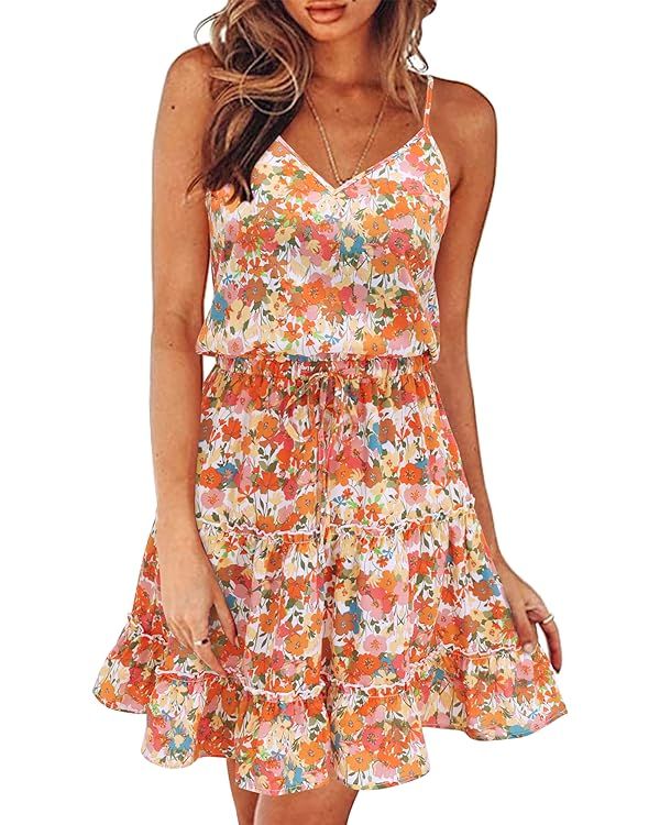 Newshows Women's 2024 Summer Dress Spaghetti Strap Casual Boho Beach Vacation Outfits Drawstring ... | Amazon (US)