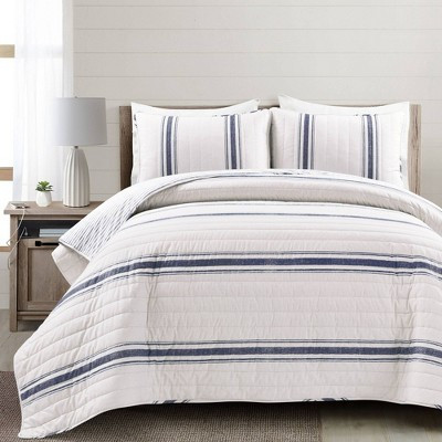 3pc King Farmhouse Striped Quilt Bedding Set Navy Blue - Lush Décor | Target