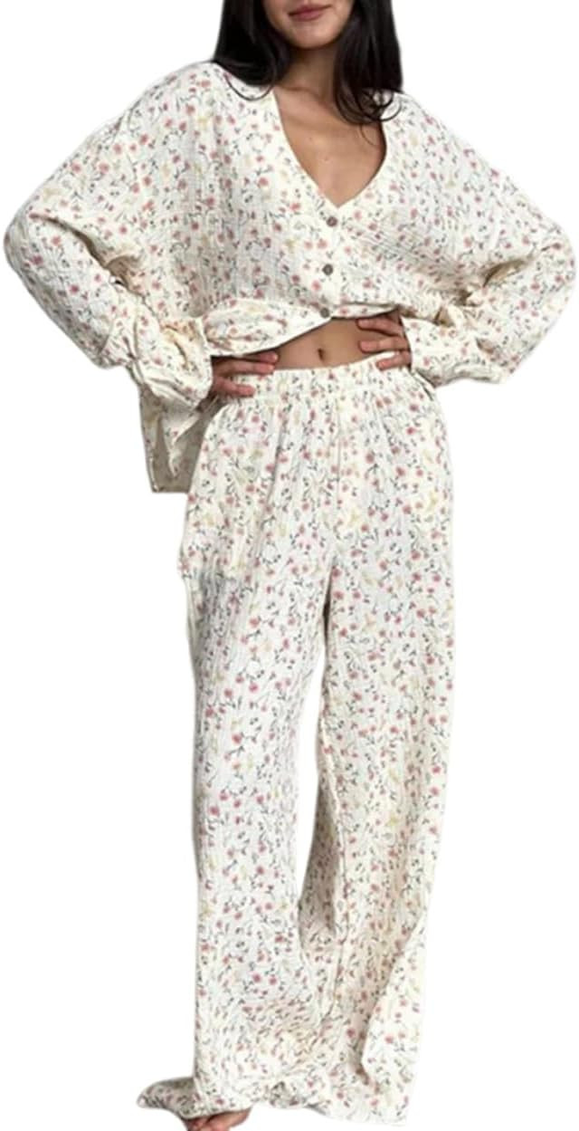 codcm Womens Floral Print Loungewear Sets Cotton Gauze Pjs Button Down Shirt and Wide Leg Pants O... | Amazon (US)