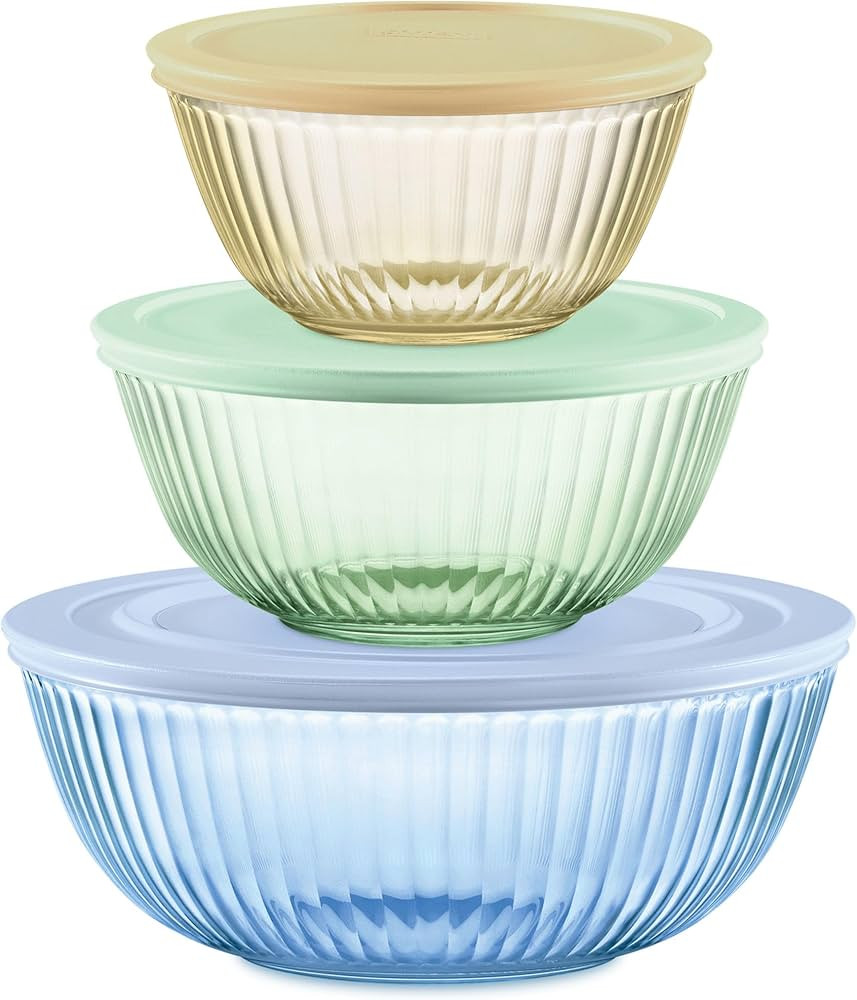 Pyrex Colors Tinted (3-Pack, Full Set) Sculpted Tinted Glass Mixing Bowls With Lids, Nesting Spac... | Amazon (US)