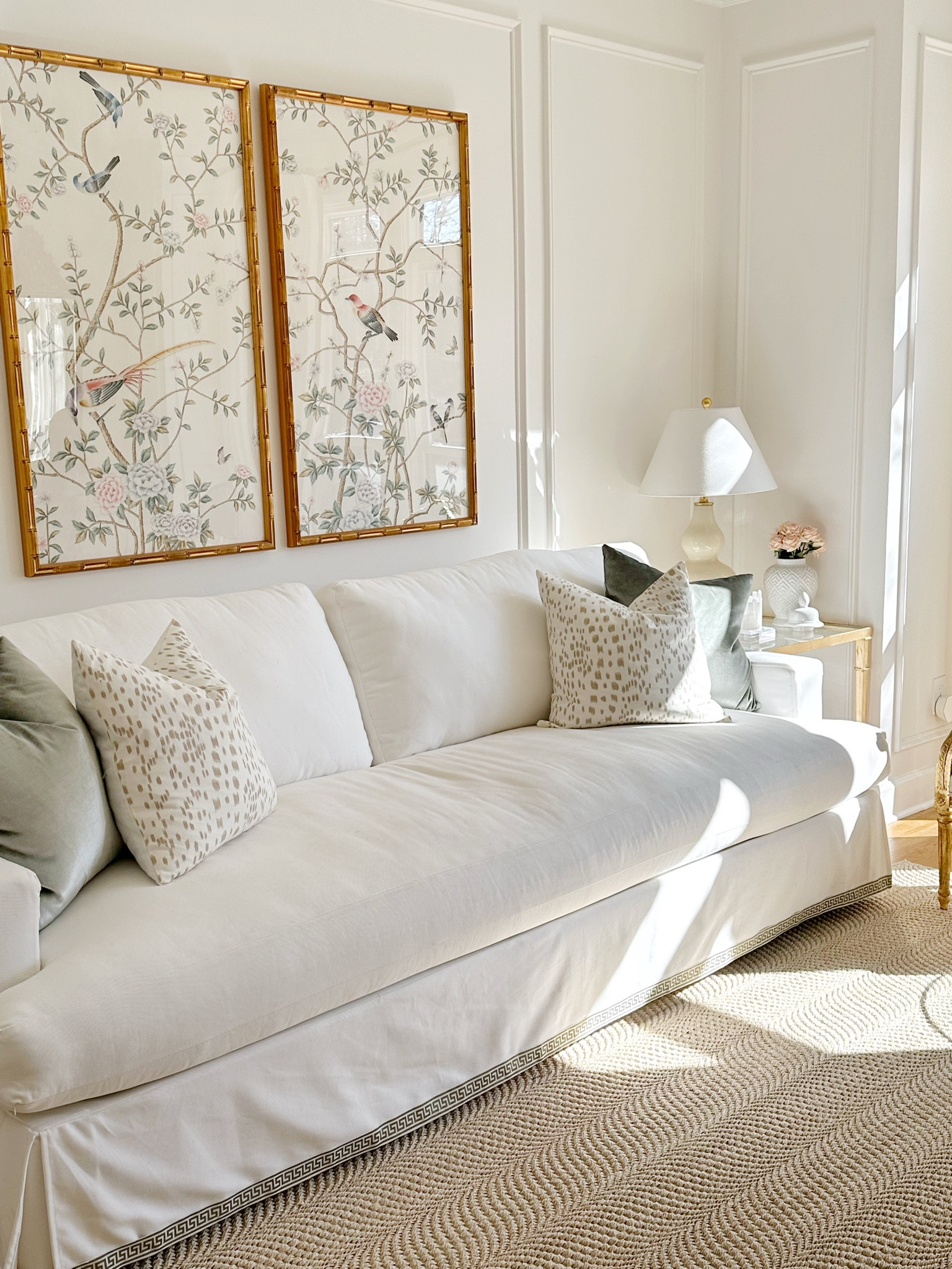 Sitting room, formal, designer throw pillow, Brunschwig & Fils Les Touches, grand millennial, velvet, glam, modern, slipcovered sofa, pottery barn, chinoiserie panels, white table lamp, gourd lamp, sisal rug, Ballard, Target, Etsy, 

#LTKhome #LTKFind