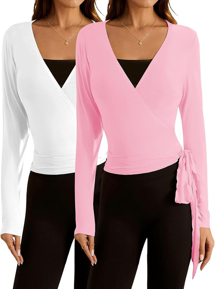 SweatyRocks Women's 2 Pack Long Sleeve Ballet Pilates Yoga Wrap Shirts Tie Front Workout Tops | Amazon (US)