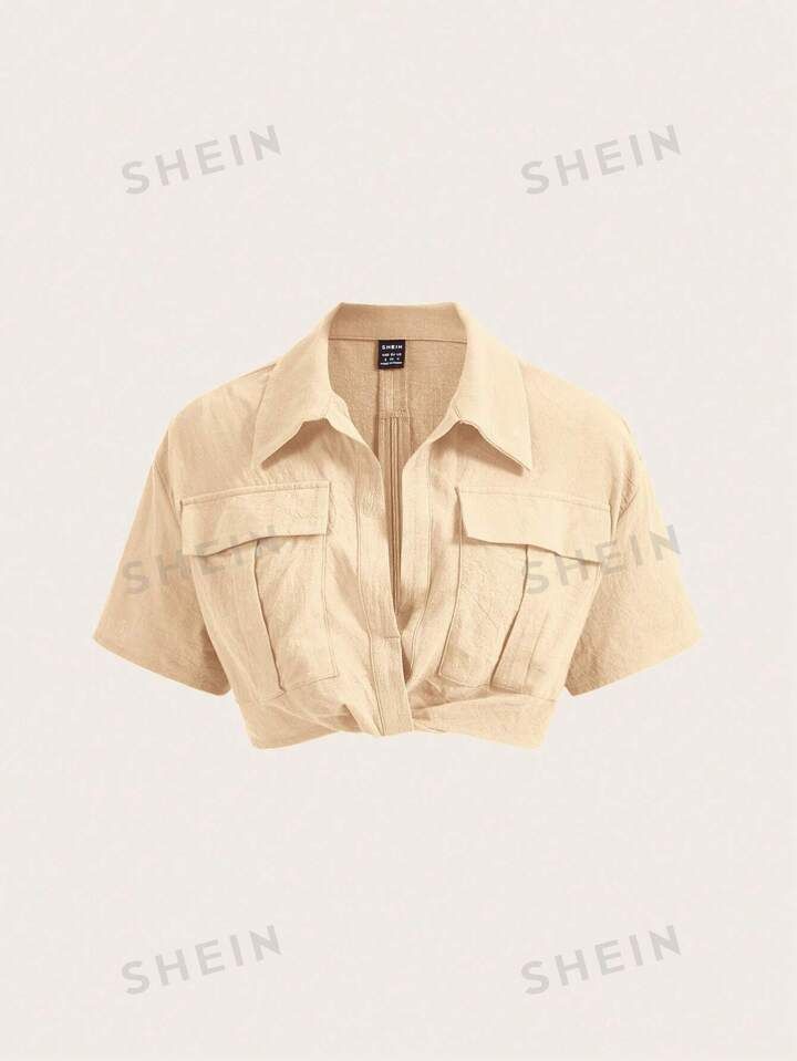 SHEIN EZwear Flap Pocket Crop Shirt | SHEIN