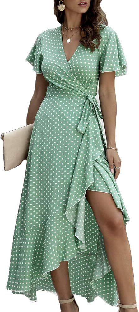 Simplee Women's V Neck Wrap Polka Dot Split Belted Flowy Boho Short Sleeve Beach Maxi Dress | Amazon (US)