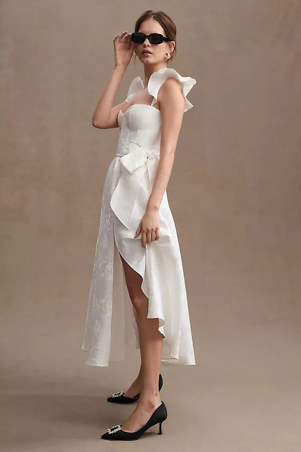 V. Chapman Vera Satin Ruffled-Sleeve Bustier Midi Dress By V. Chapman in White Size 10 | Anthropologie (US)