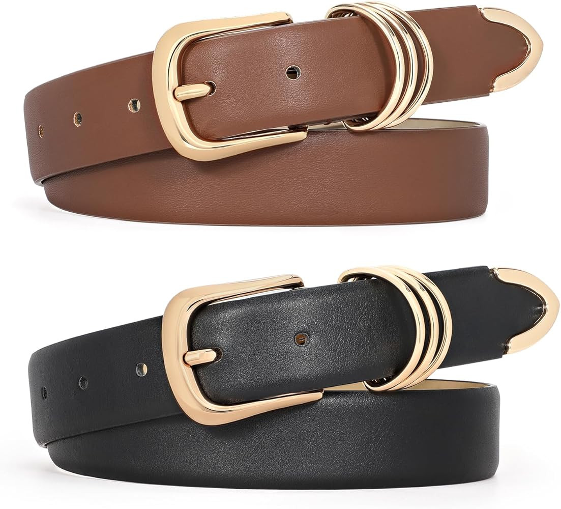 WERFORU 2 Pack Women Leather Belt for Jeans Pants, Ladies Leather Belt with Gold Buckle | Amazon (US)