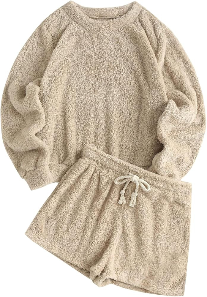 ZAFUL Women's Fuzzy Lounge Casual Pajamas Sets Long Sleeve Fleece Pullover and Pants Set 2 Piece Flu | Amazon (US)