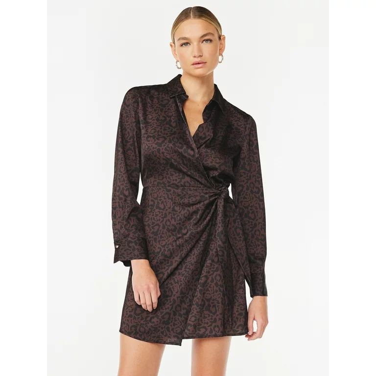 Scoop Wrap Tie Mini Dress with Point Collar, Sizes XS-XXL - Walmart.com | Walmart (US)